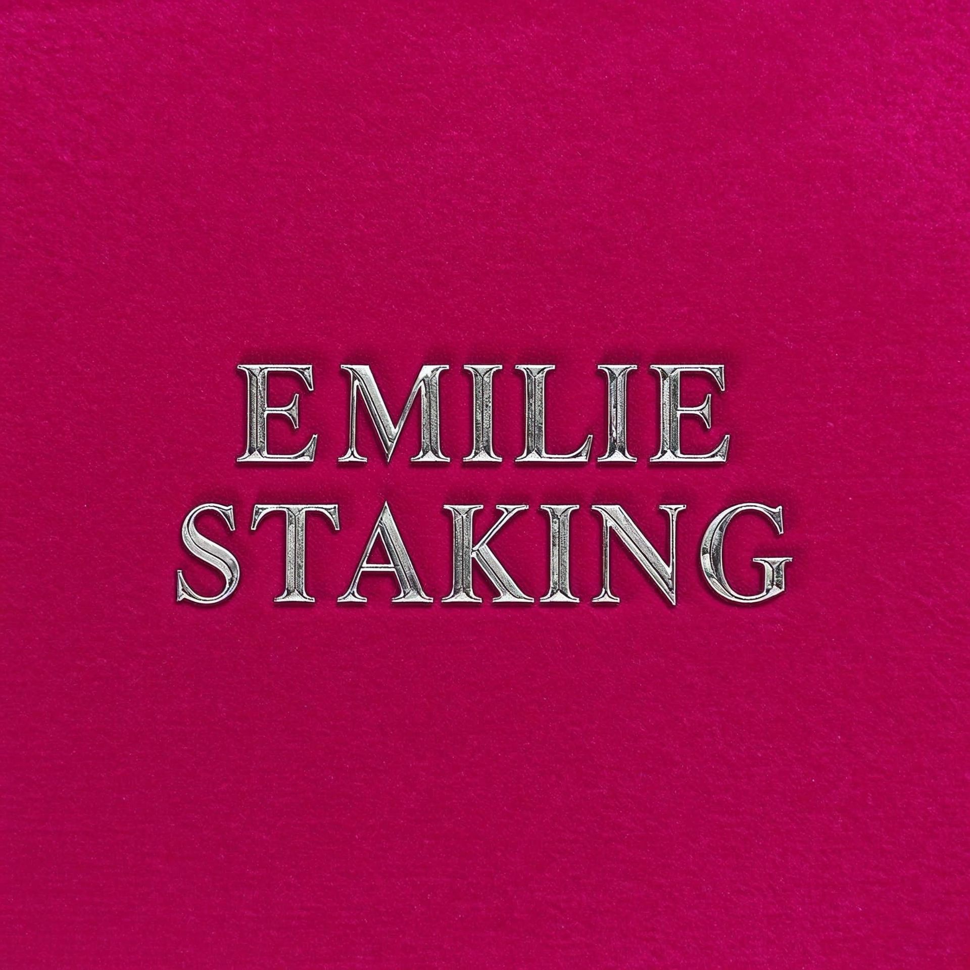 EMILIE STAKING — silver-embossed on crimson velvet