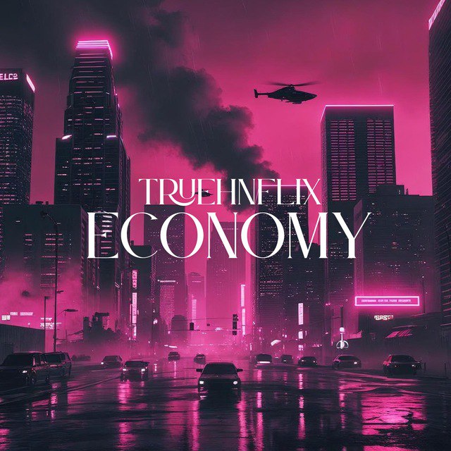 Neon Los Angeles cityscape branded TRUEHNFLIX ECONOMY